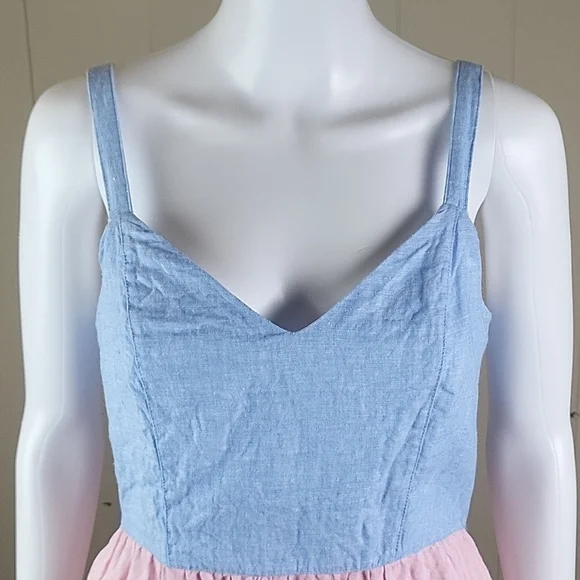 Cynthia Rowley 100% Linen Pink & Blue Chambray Color Block Tiered Sundress - Picture 4 of 16
